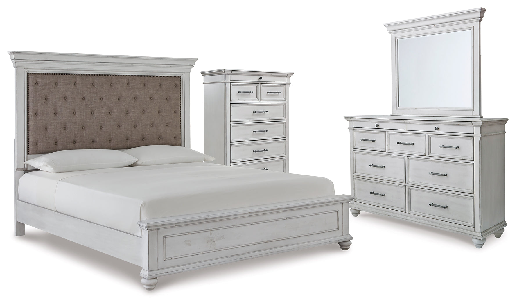 Best Deals Furniture - Ashley Furniture - Kanwyn King Upholstered Panel Bed, Dresser, Mirror and Chest - King Upholstered Panel Bed, Dresser, Mirror and Chest - B777B18