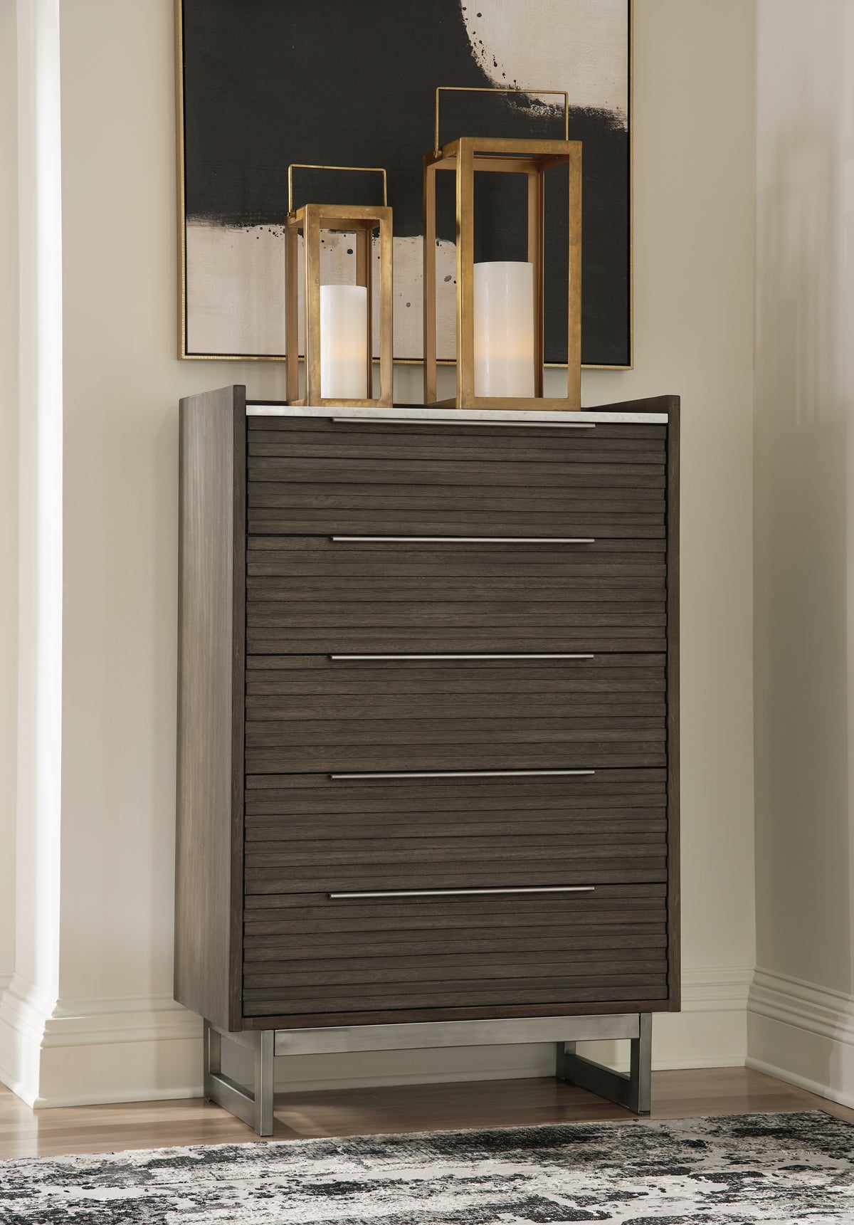 Best Deals Furniture - Ashley Furniture - Arkenton Chest of Drawers - Five Drawer Chest / Grayish Brown/White - B786-46