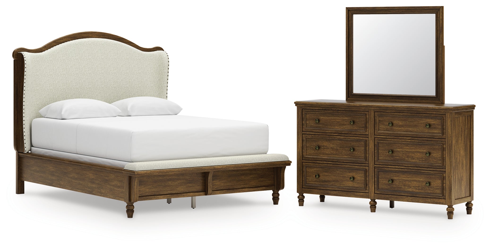 Best Deals Furniture - Ashley Furniture - Sturlayne Queen Upholstered Panel Bed - Queen Upholstered Panel Bed, Dresser and Mirror / Brown - B787B3