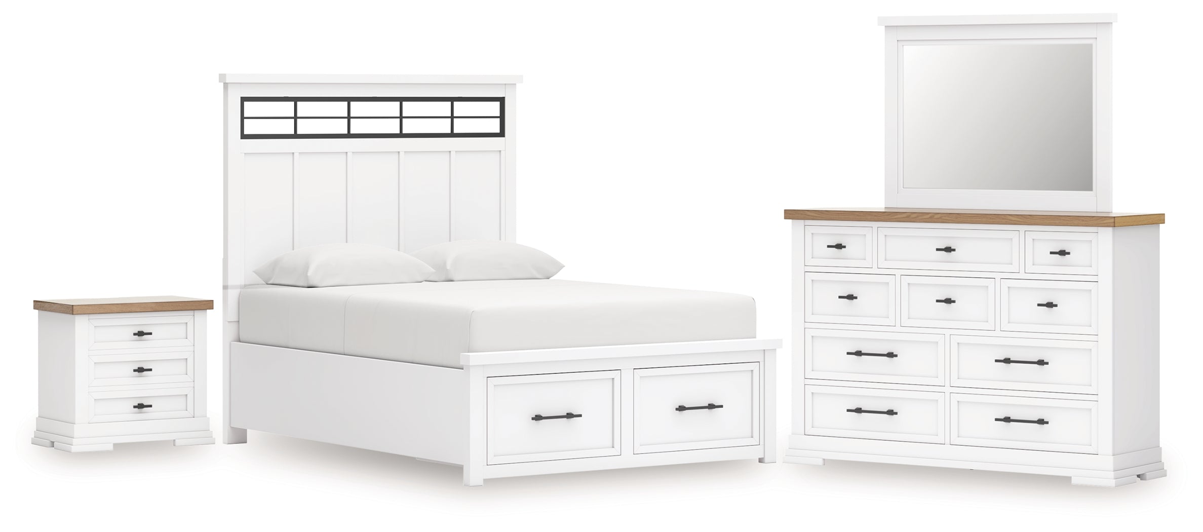 Best Deals Furniture - Ashley Furniture - Ashbryn King Panel Storage Bed, Dresser, Mirror and Nightstand - King Panel Storage Bed, Dresser, Mirror and Nightstand / White/Natural - B844B9