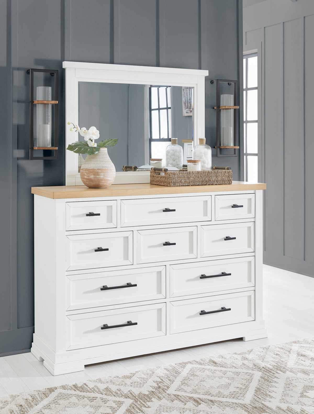 Best Deals Furniture - Ashley Furniture - Ashbryn Dresser and Mirror - Dresser and Mirror / White/Natural - B844B1