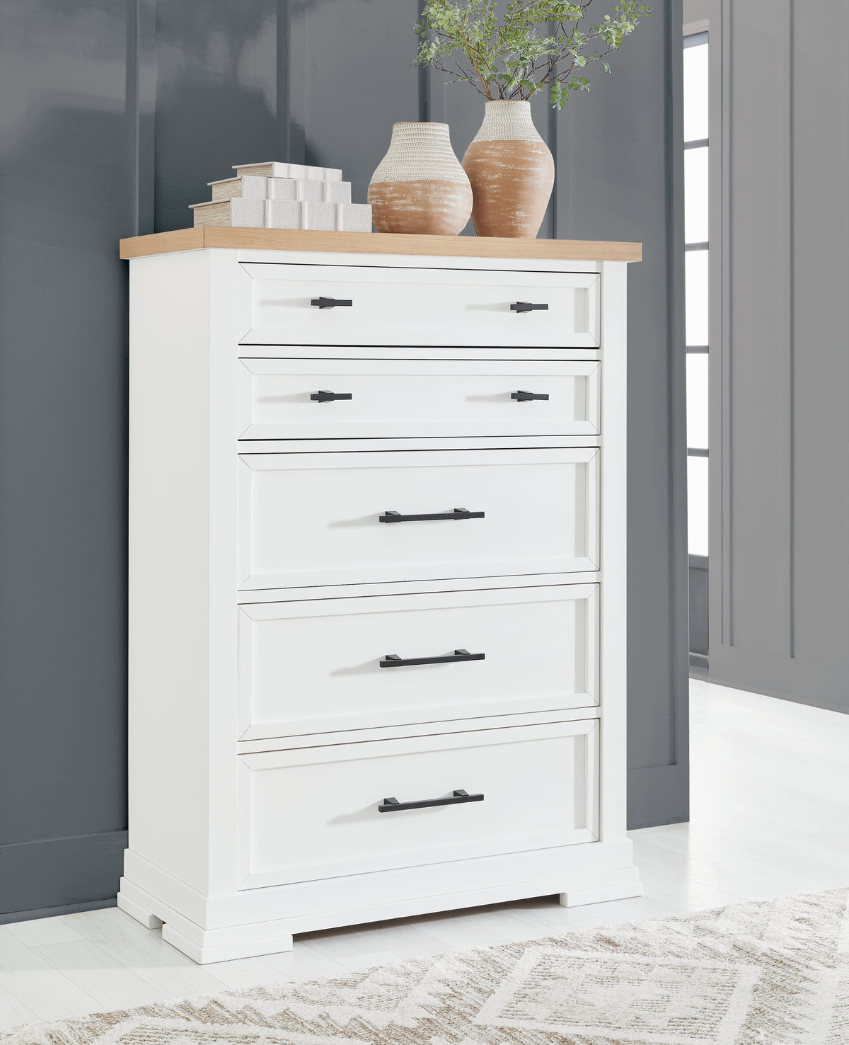 Best Deals Furniture - Ashley Furniture - Ashbryn Chest of Drawers - Five Drawer Chest / White/Natural - B844-46