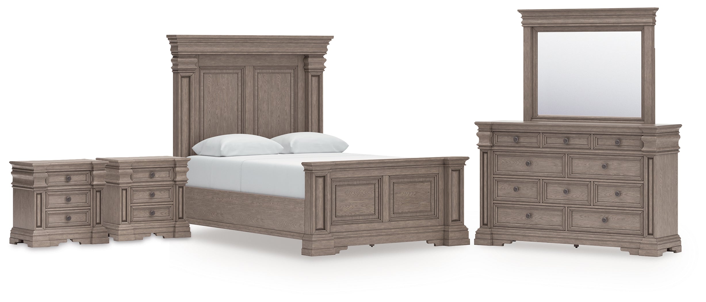 Best Deals Furniture - Ashley Furniture - Blairhurst Queen Panel Bed - Queen Panel Bed, Dresser, Mirror and 2 Nightstands / Light Grayish Brown - B916B10