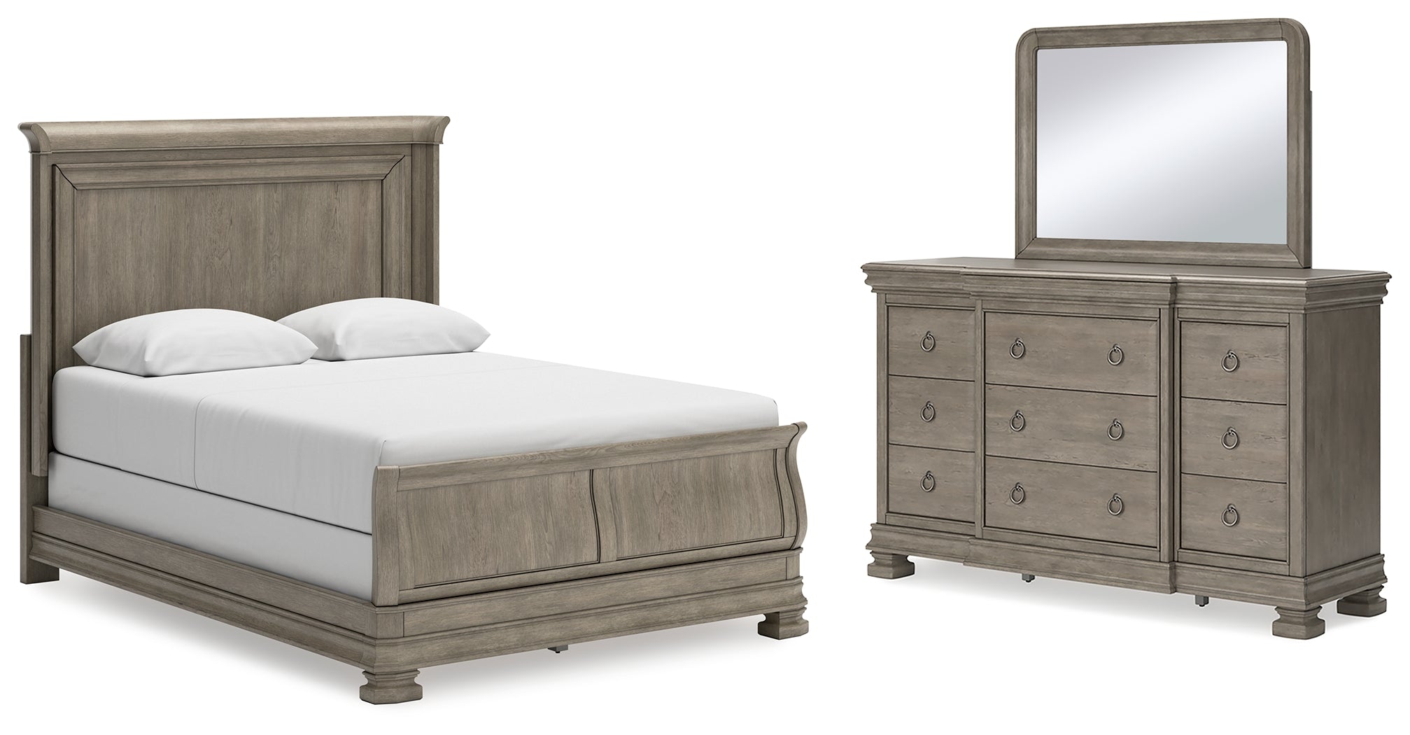 Best Deals Furniture - Ashley Furniture - Lexorne Queen Sleigh Bed - Queen Sleigh Bed, Dresser and Mirror / Gray - B924B3