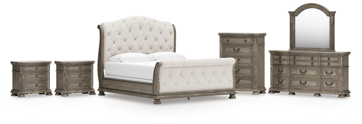 Best Deals Furniture - Ashley Furniture - Ardenfield King Upholstered Sleigh Bed, Dresser, Mirror, Chest and 2 Nightstands - King Upholstered Sleigh Bed, Dresser, Mirror, Chest and 2 Nightstands - B944B9