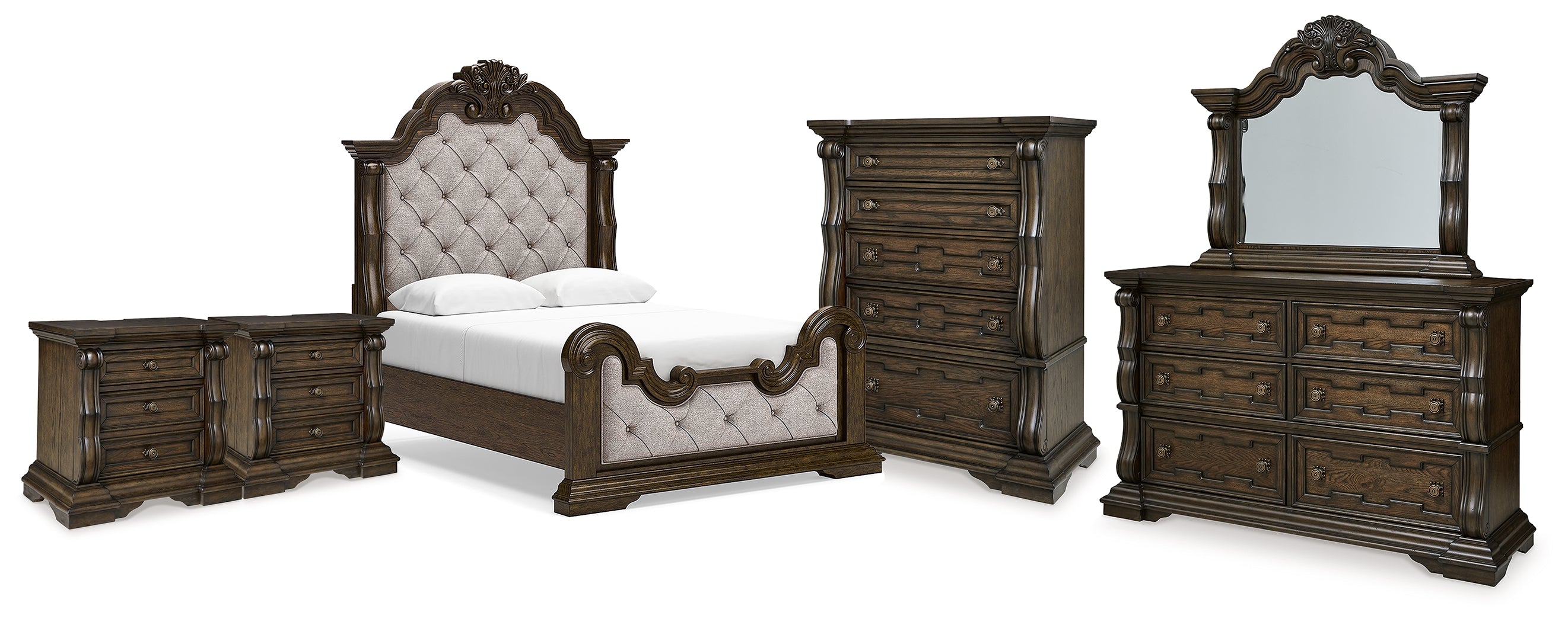 Best Deals Furniture - Ashley Furniture - Maylee Queen Panel Bed, Dresser, Mirror, Chest and 2 Nightstands - Queen Panel Bed, Dresser, Mirror, Chest and 2 Nightstands / Dark Brown - B947B16