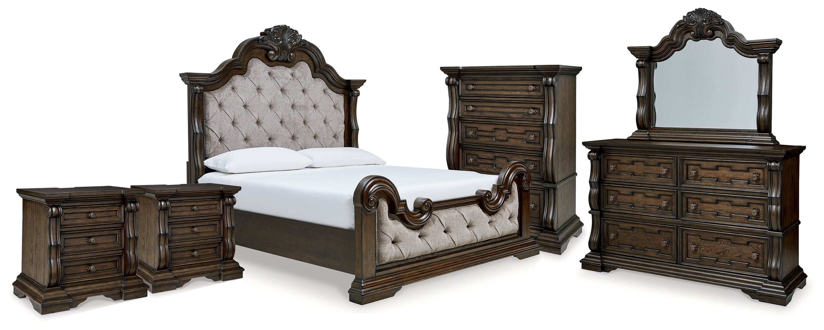 Best Deals Furniture - Ashley Furniture - Maylee King Upholstered Bed - King Upholstered Bed, Dresser, Mirror, Chest and 2 Nightstands / Dark Brown - B947B13