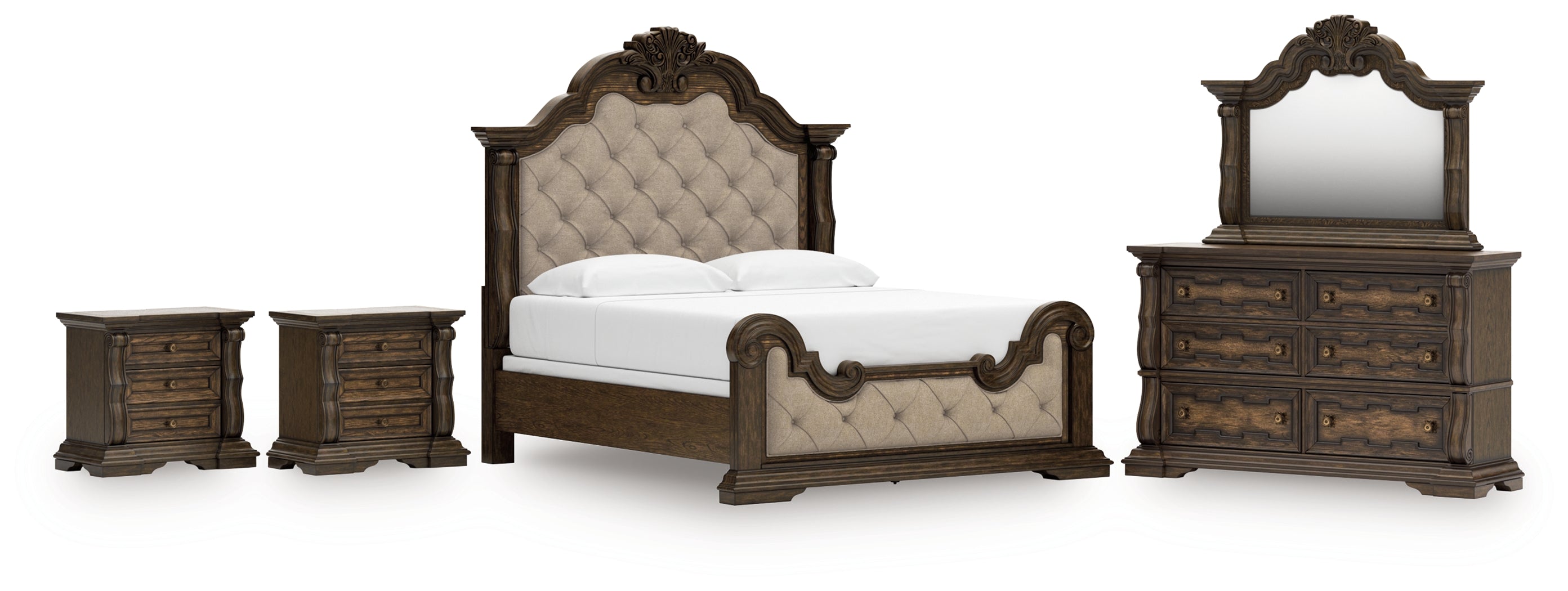 Best Deals Furniture - Ashley Furniture - Maylee King Upholstered Bed - King Upholstered Bed, Dresser, Mirror and 2 Nightstands / Dark Brown - B947B15