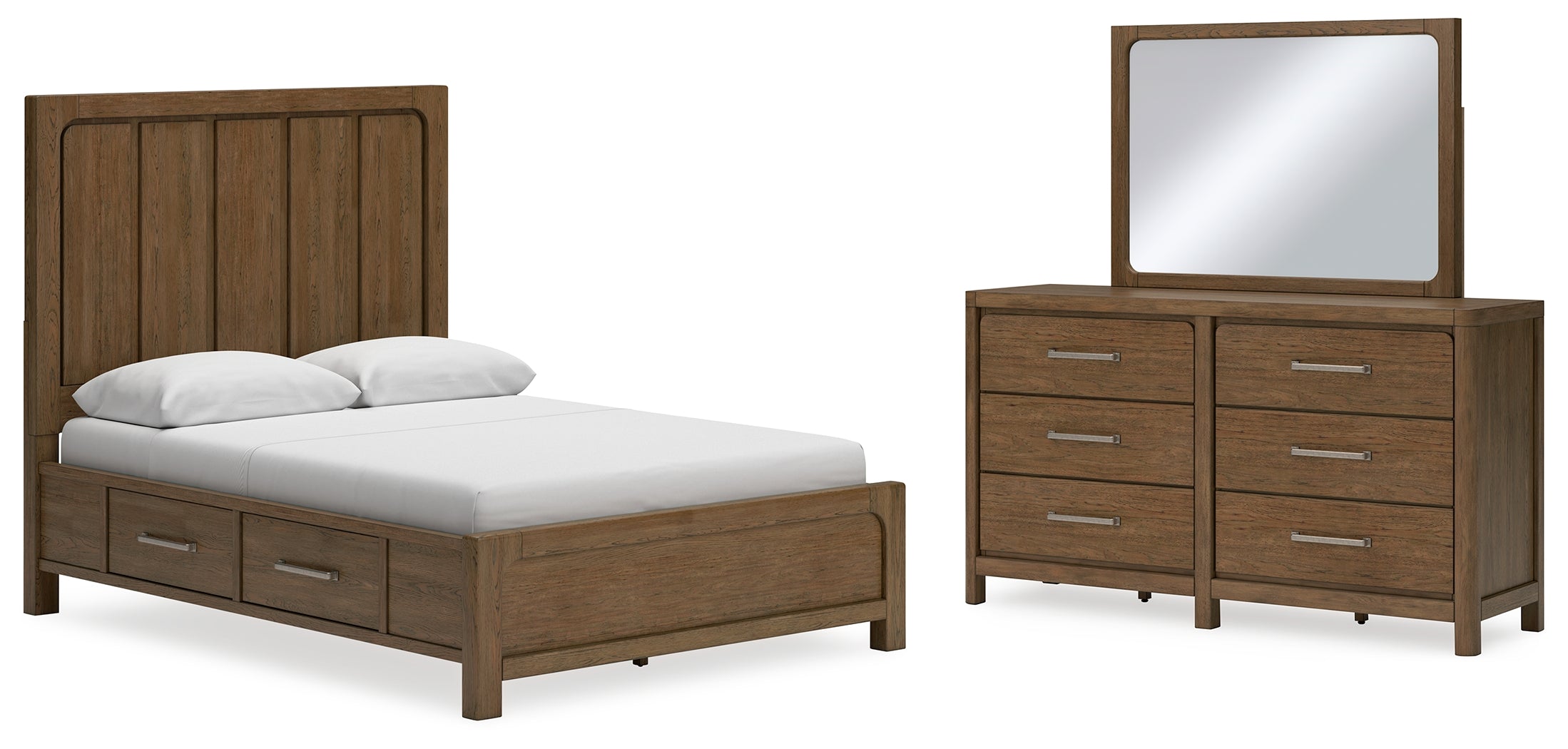 Best Deals Furniture - Ashley Furniture - Cabalynn Queen Panel Bed with Storage - Queen Panel Bed with Storage, Dresser and Mirror / Light Brown - B974B5