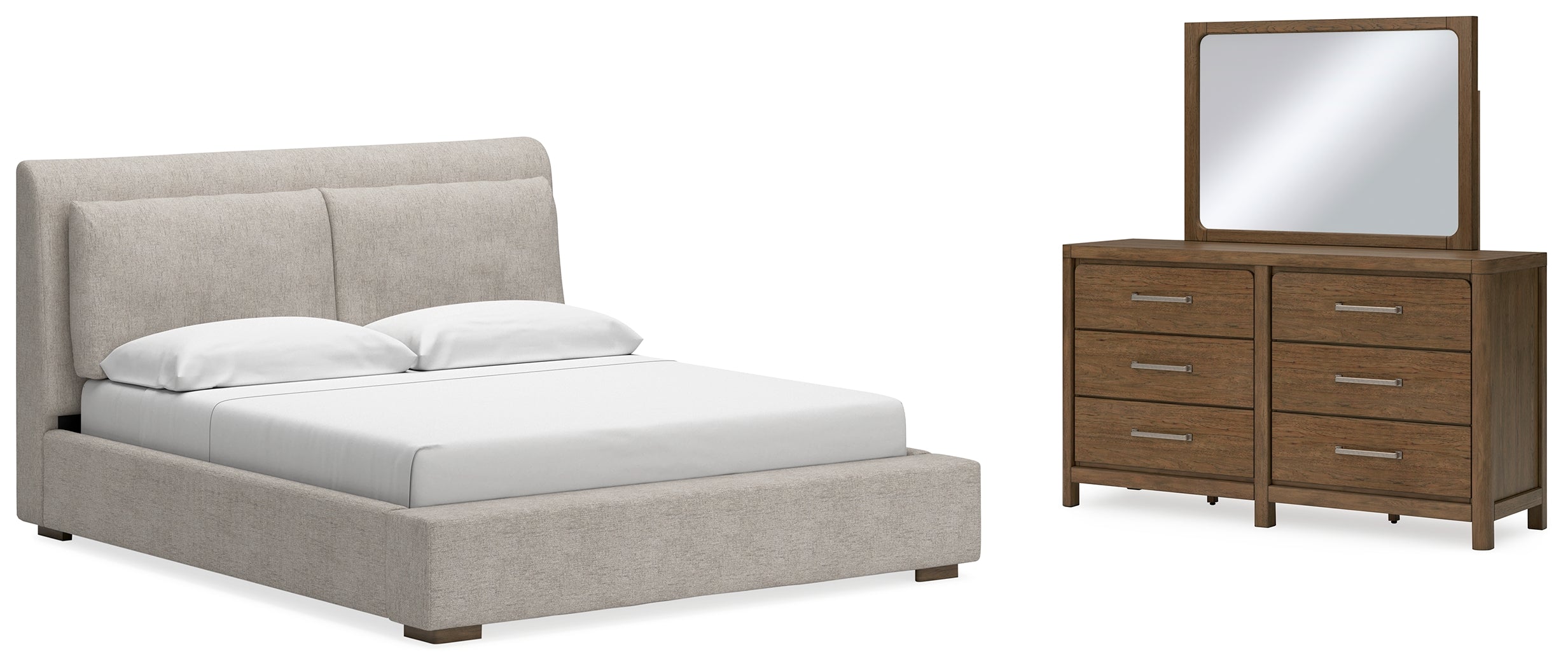 Best Deals Furniture - Ashley Furniture - Cabalynn King Upholstered Bed - King Upholstered Bed, Dresser and Mirror / Light Brown - B974B10