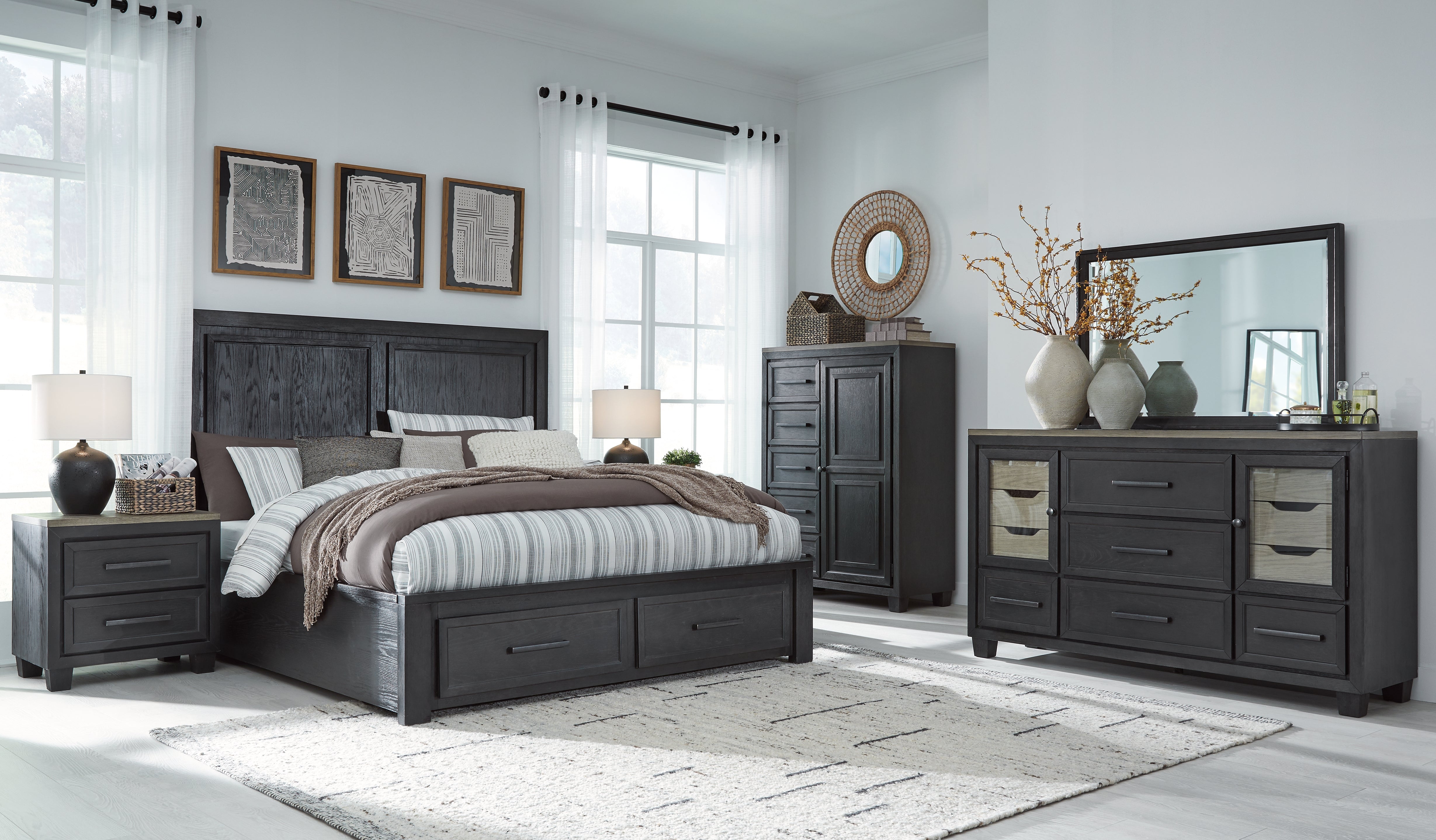 Best Deals Furniture - Ashley Furniture - Foyland Cal King Panel Storage Bed, Dresser, Mirror, Chest and Nightstand - Cal King Panel Storage Bed, Dresser, Mirror, Chest and Nightstand - B989B6