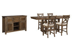 Best Deals Furniture - Ashley Furniture - Moriville Counter Height Dining Table, 4 Barstools and Server - Counter Height Dining Table, 4 Barstools and Server / Grayish Brown - D631D8