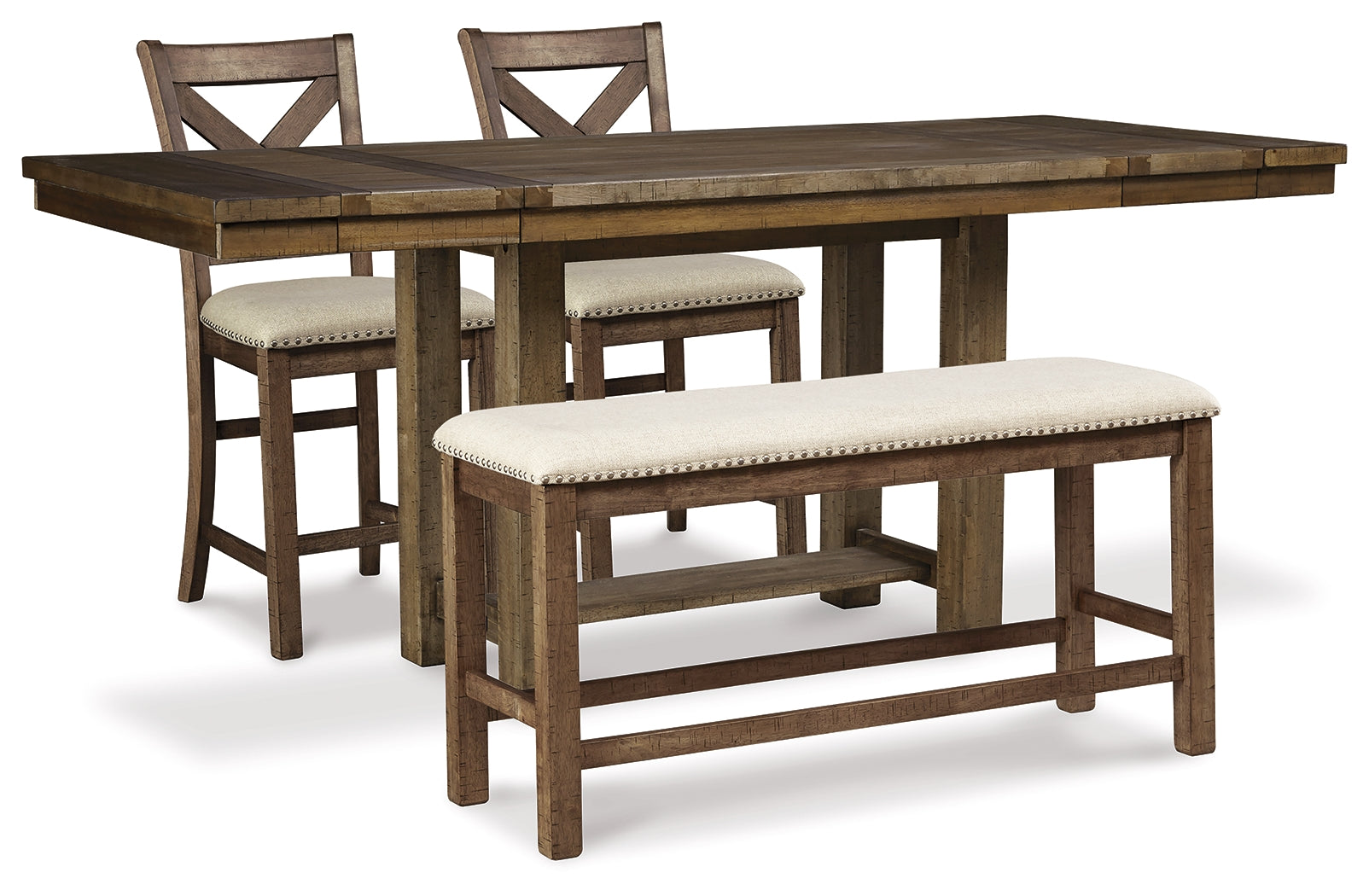 Best Deals Furniture - Ashley Furniture - Moriville Counter Height Dining Table and 2 Barstools and Bench - Counter Height Dining Table and 2 Barstools and Bench / Beige - D631D9