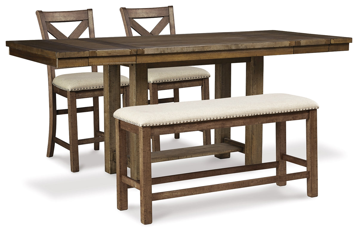 Best Deals Furniture - Ashley Furniture - Moriville Counter Height Dining Table and 2 Barstools and Bench - Counter Height Dining Table and 2 Barstools and Bench / Beige - D631D9