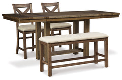 Best Deals Furniture - Ashley Furniture - Moriville Counter Height Dining Table and 2 Barstools and Bench - Counter Height Dining Table and 2 Barstools and Bench / Beige - D631D9