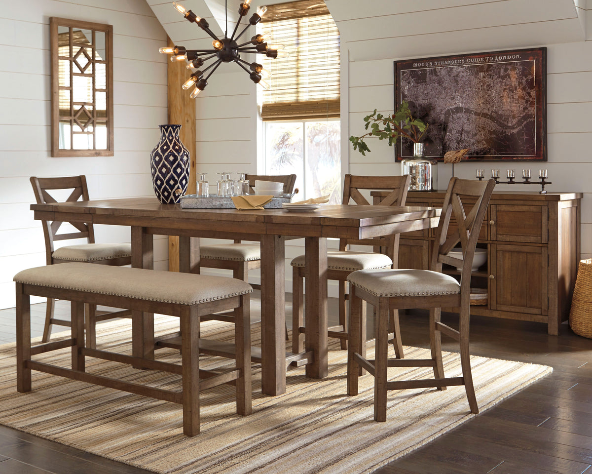 Best Deals Furniture - Ashley Furniture - Moriville Counter Height Dining Table with 4 Barstools, Bench, and Server - Counter Height Dining Table with 4 Barstools, Bench, and Server / Grayish Brown - D631D4