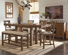 Best Deals Furniture - Ashley Furniture - Moriville Counter Height Dining Table with 4 Barstools, Bench, and Server - Counter Height Dining Table with 4 Barstools, Bench, and Server / Grayish Brown - D631D4
