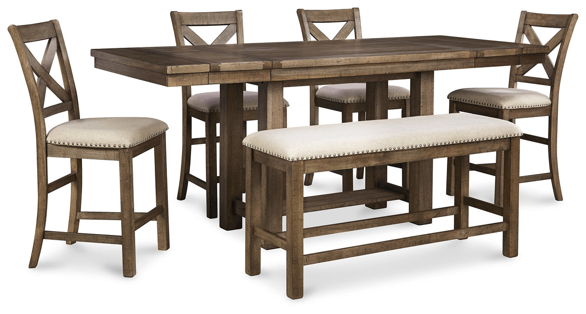 Best Deals Furniture - Ashley Furniture - Moriville Counter Height Dining Table with 4 Barstools and Bench - Counter Height Dining Table with 4 Barstools and Bench / Grayish Brown - D631D3