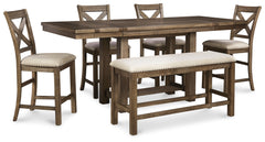 Best Deals Furniture - Ashley Furniture - Moriville Counter Height Dining Table with 4 Barstools and Bench - Counter Height Dining Table with 4 Barstools and Bench / Grayish Brown - D631D3