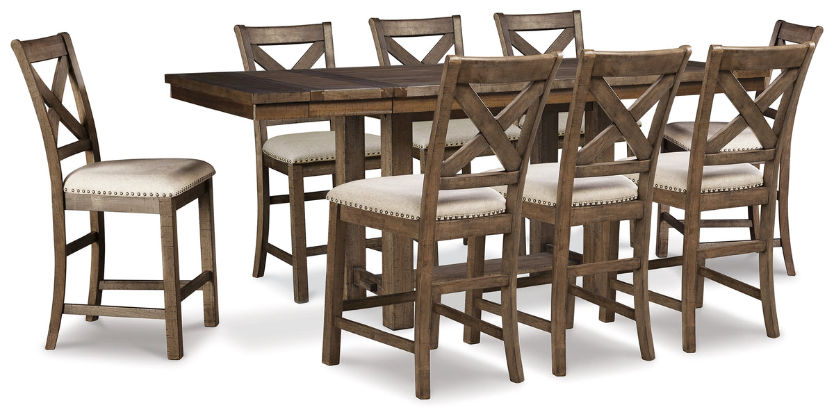 Best Deals Furniture - Ashley Furniture - Moriville Counter Height Extension Table and 8 Barstools - Counter Height Extension Table and 8 Barstools / Grayish Brown - D631D12