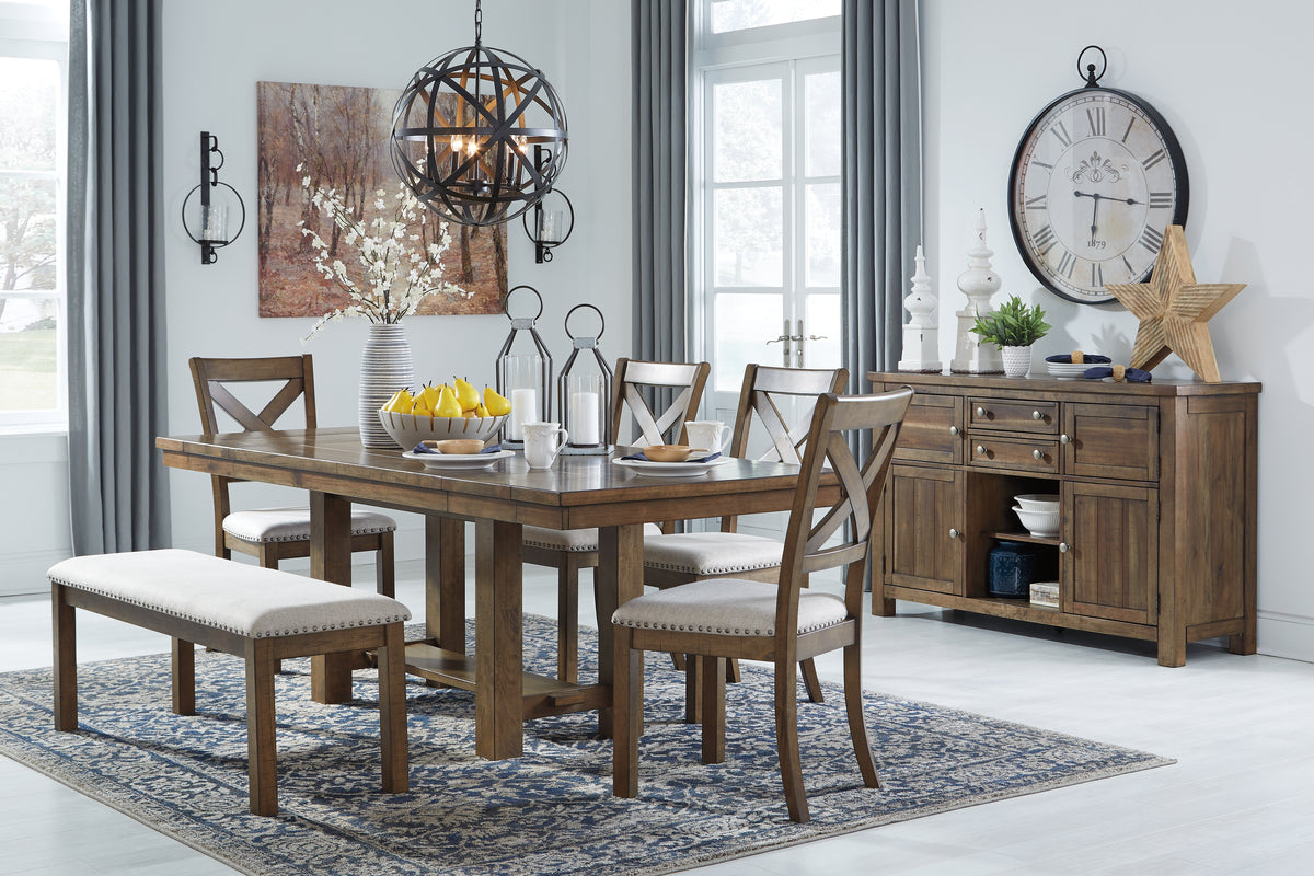 Best Deals Furniture - Ashley Furniture - Moriville Dining Table and 4 Chairs and Bench - Dining Table and 4 Chairs and Bench / Beige - D631D6