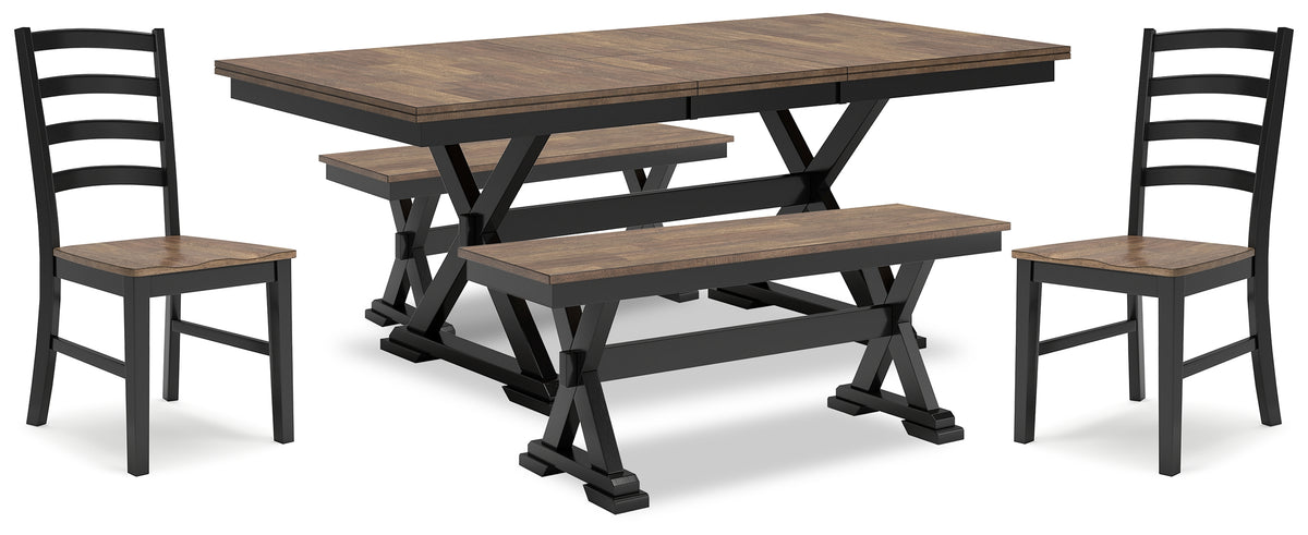 Best Deals Furniture - Ashley Furniture - Wildenauer Dining Table, 2 Chairs and 2 Benches - Dining Table, 2 Chairs and 2 Benches / Brown/Black - D634D7