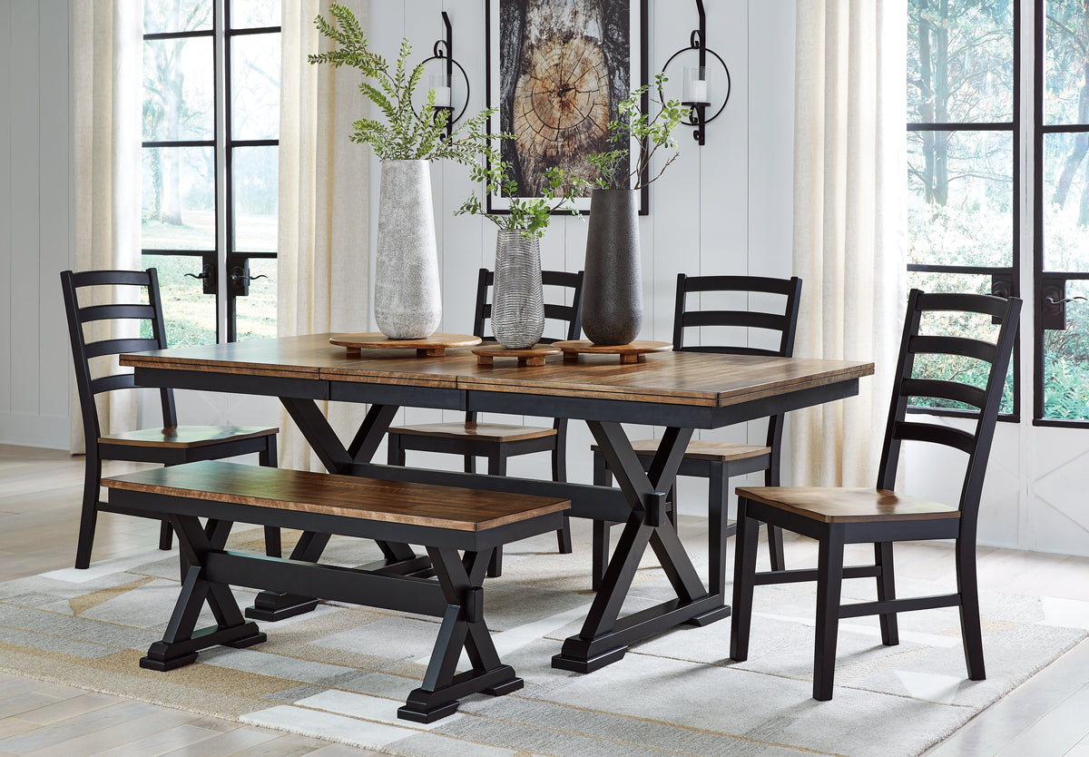 Best Deals Furniture - Ashley Furniture - Wildenauer Dining Table, 4 Chairs and Bench - Dining Table, 4 Chairs and Bench / Brown/Black - D634D2