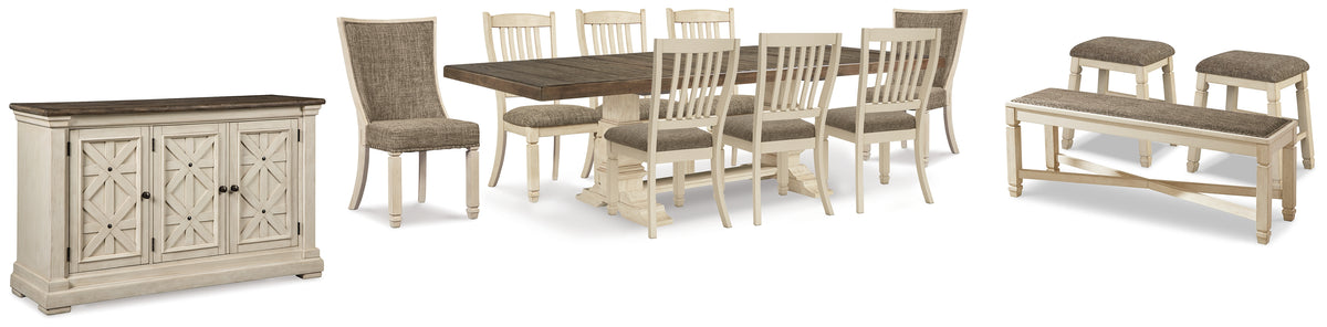 Best Deals Furniture - Ashley Furniture - Bolanburg Dining Table with 8 Chairs and Bench with Server and 2 Stools - Dining Table with 8 Chairs and Bench with Server and 2 Stools / Two-tone - D647D28