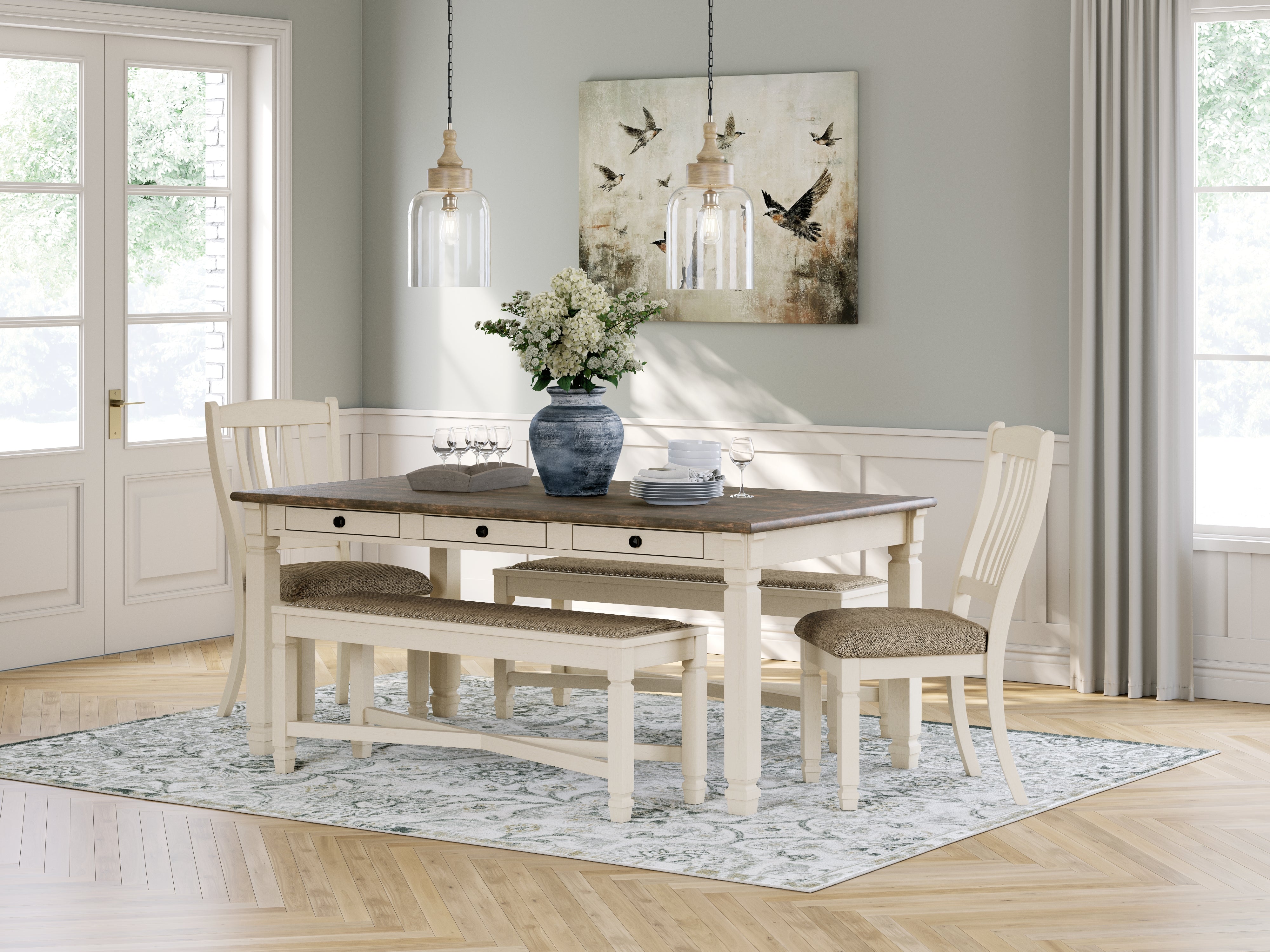 Best Deals Furniture - Ashley Furniture - Bolanburg Dining Table with 2 Chairs and 2 Benches - Dining Table with 2 Chairs and 2 Benches / Antique White - D647D7