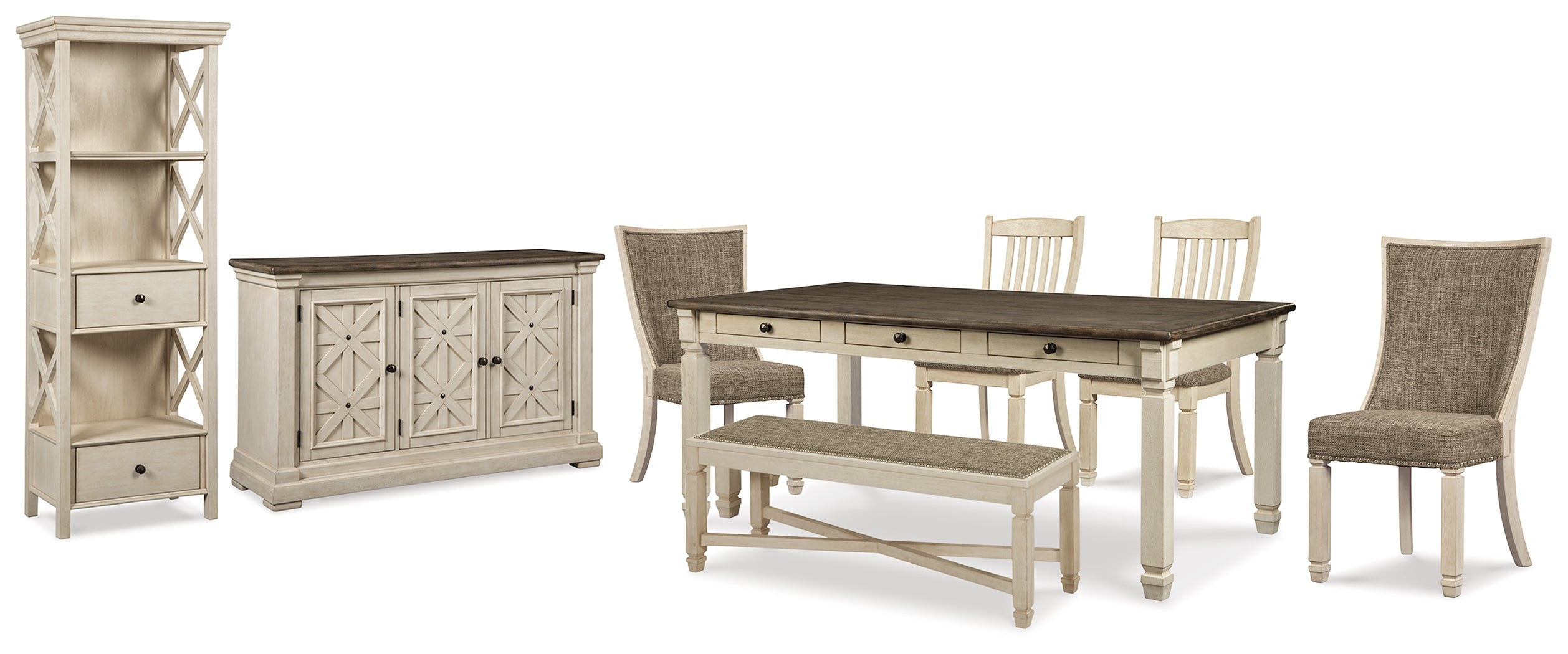 Best Deals Furniture - Ashley Furniture - Bolanburg Dining Table - Dining Table, 4 Chairs, Bench, Server and Display Cabinet / Two-tone - D647D24