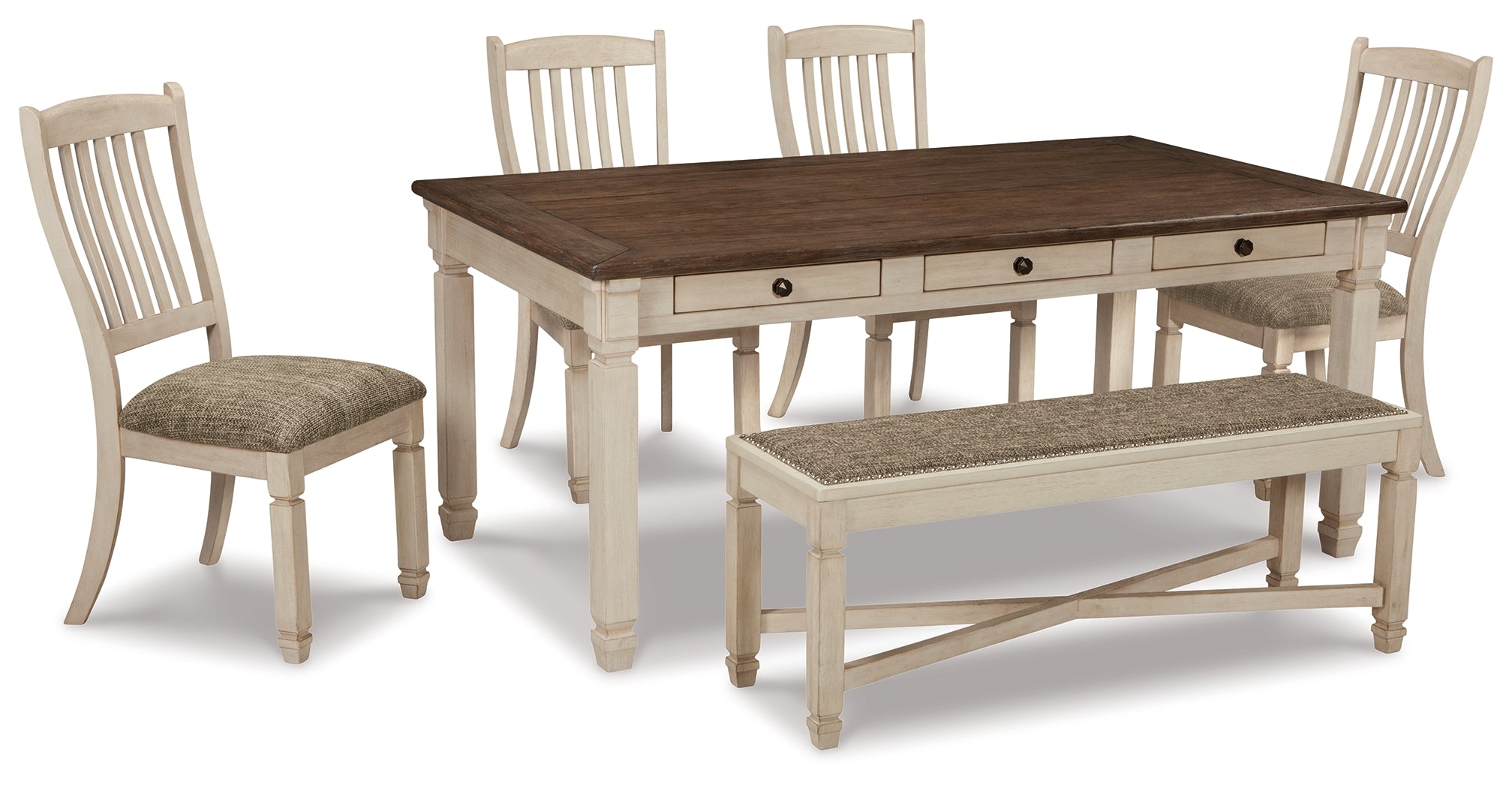 Best Deals Furniture - Ashley Furniture - Bolanburg Dining Table with 4 Chairs and Bench - Dining Table with 4 Chairs and Bench / Antique White - D647D2
