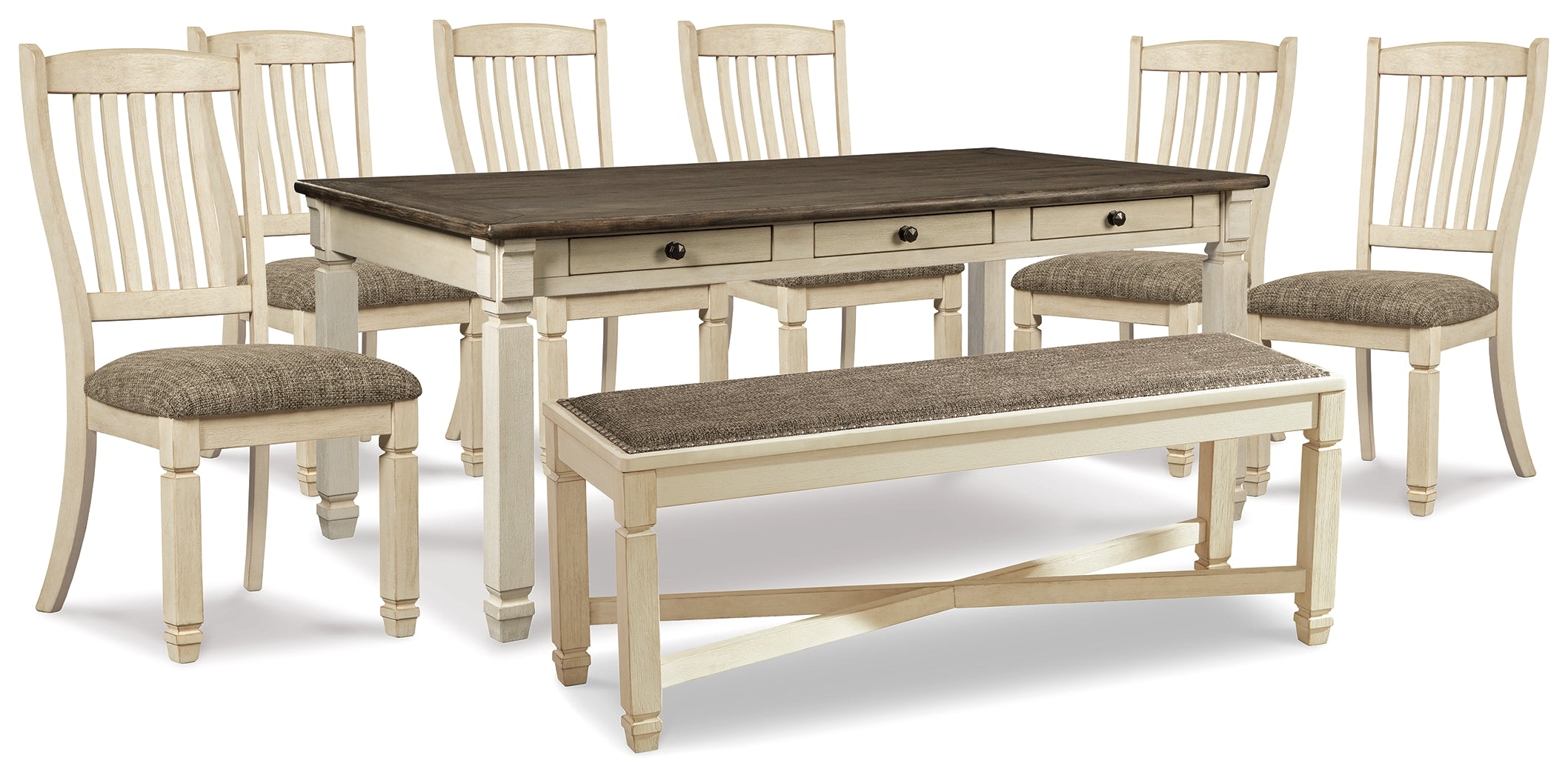 Best Deals Furniture - Ashley Furniture - Bolanburg Dining Table - Dining Table, 6 Chairs, and Bench / Two-tone - D647D26