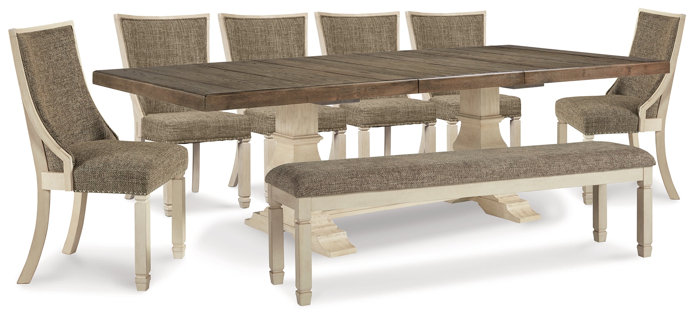 Best Deals Furniture - Ashley Furniture - Bolanburg Dining Table - Dining Table, 6 Chairs and Bench / Antique White - D647D31