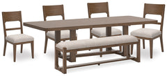 Best Deals Furniture - Ashley Furniture - Cabalynn Dining Table, 4 Chairs and Bench - Dining Table, 4 Chairs and Bench / Light Brown - D974D2