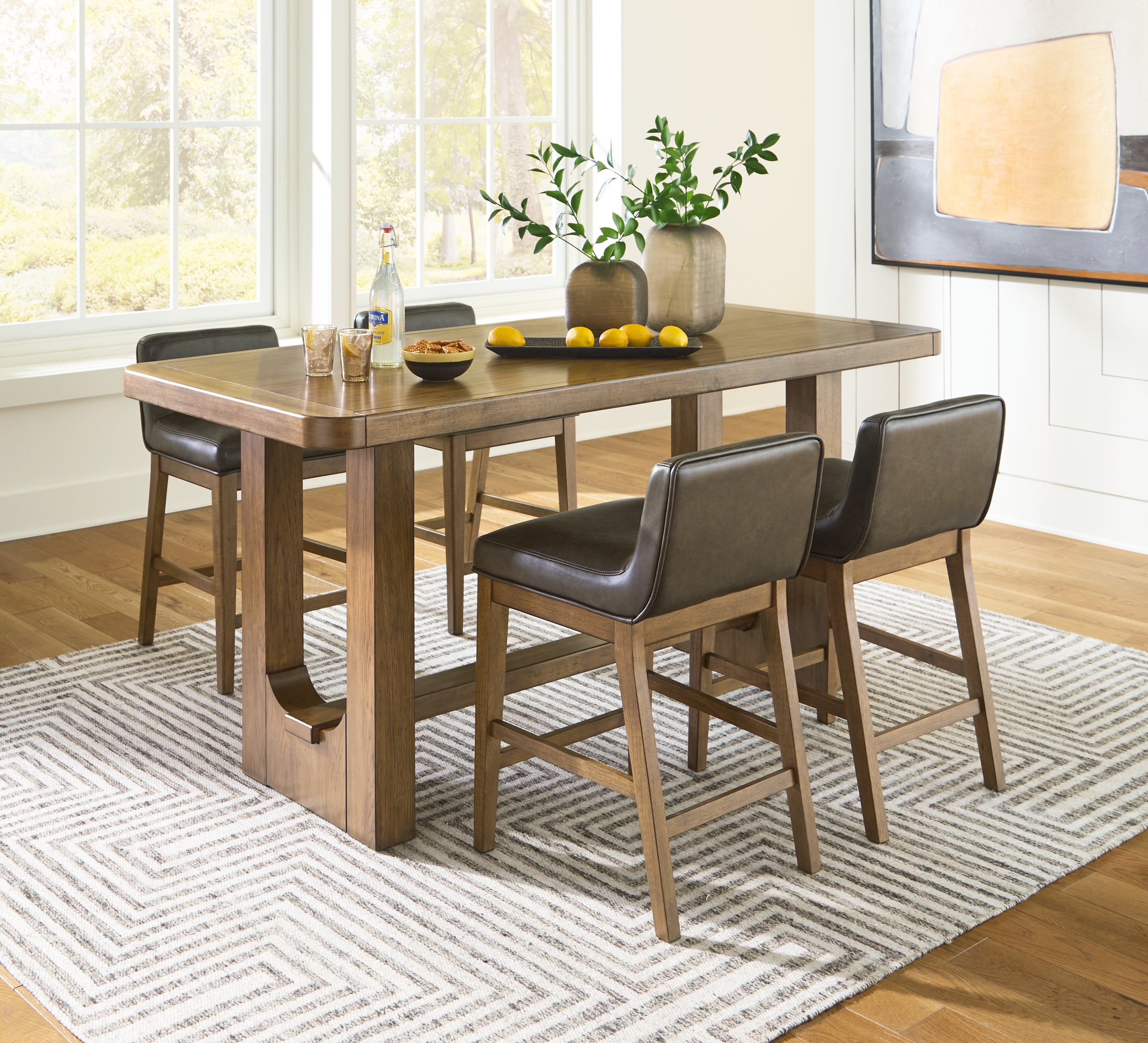 Best Deals Furniture - Ashley Furniture - Cabalynn Counter Height Dining Table and 4 Barstools - Counter Height Dining Table and 4 Barstools / Light Brown - D974D3