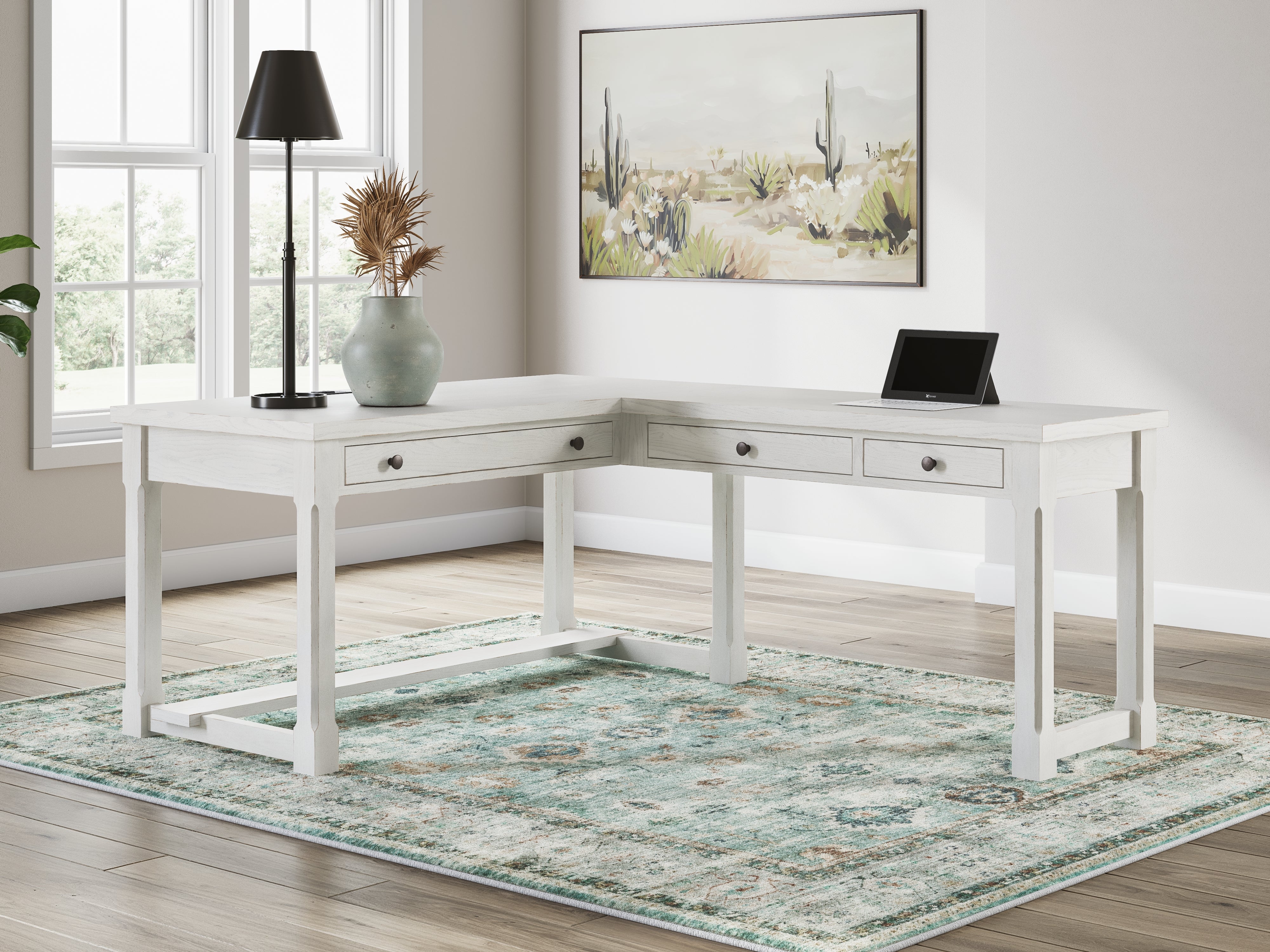 Best Deals Furniture - Ashley Furniture - Robbinsdale Office Desk - L-Shaped Home Office Desk / Antique White - H742H1