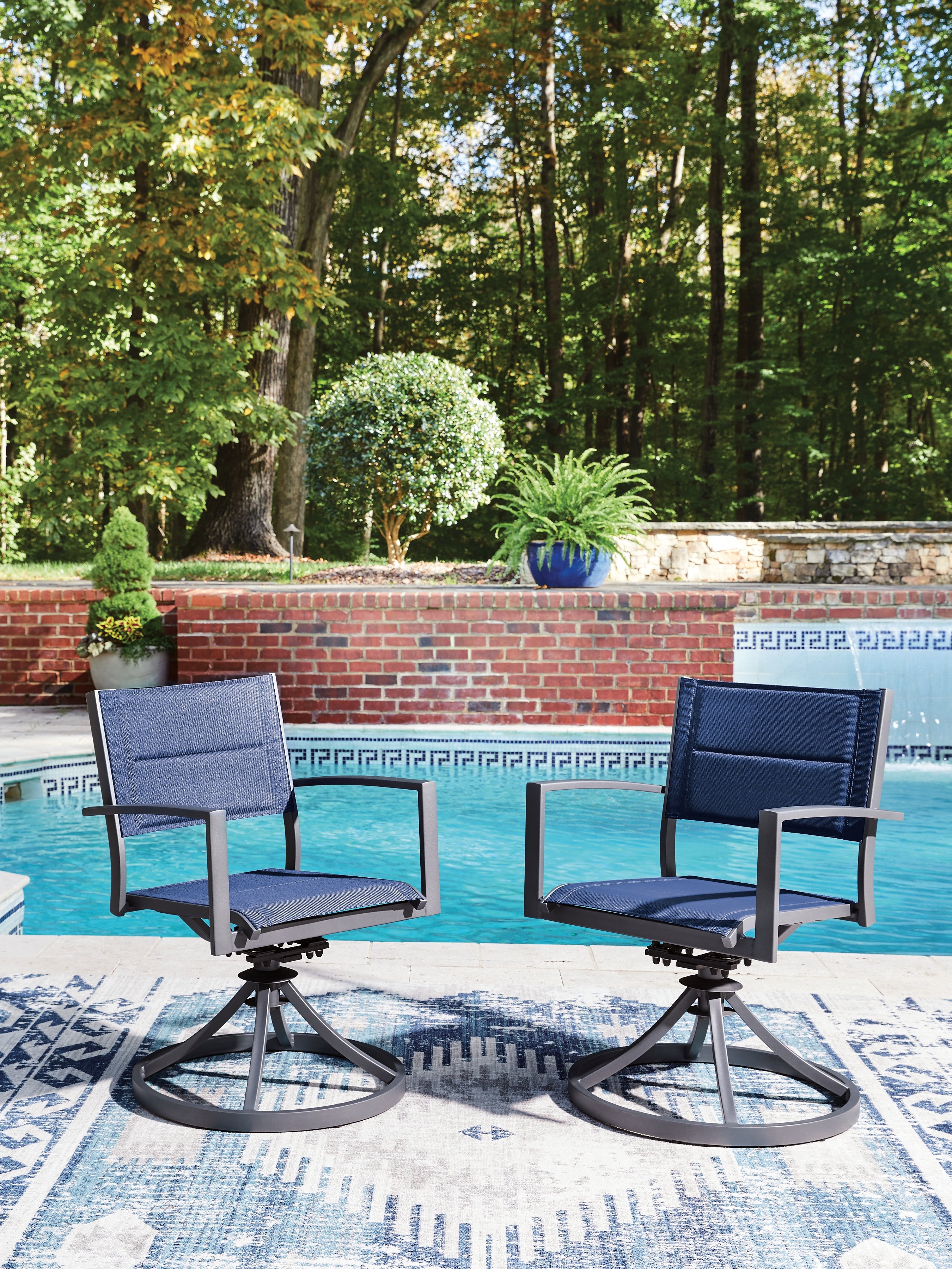 Best Deals Furniture - Ashley Furniture - Rocky Creek Outdoor Sling Swivel Chair (Set of 2) - Sling Swivel Chair (Set of 2) - PCP326-602A