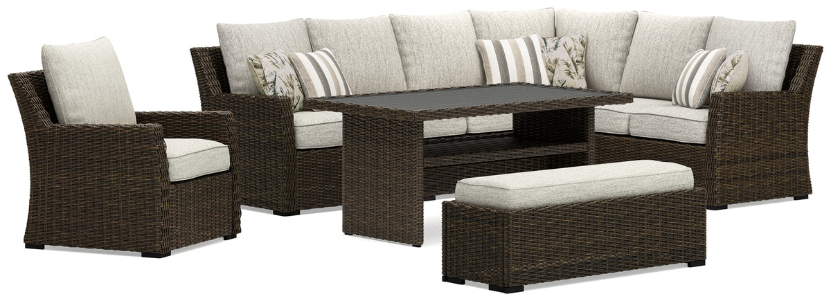 Best Deals Furniture - Ashley Furniture - Brook Ranch Outdoor Sofa Sectional, Bench, Lounge Chair and Table - Outdoor Sofa Sectional, Bench, Lounge Chair and Table - P465P2