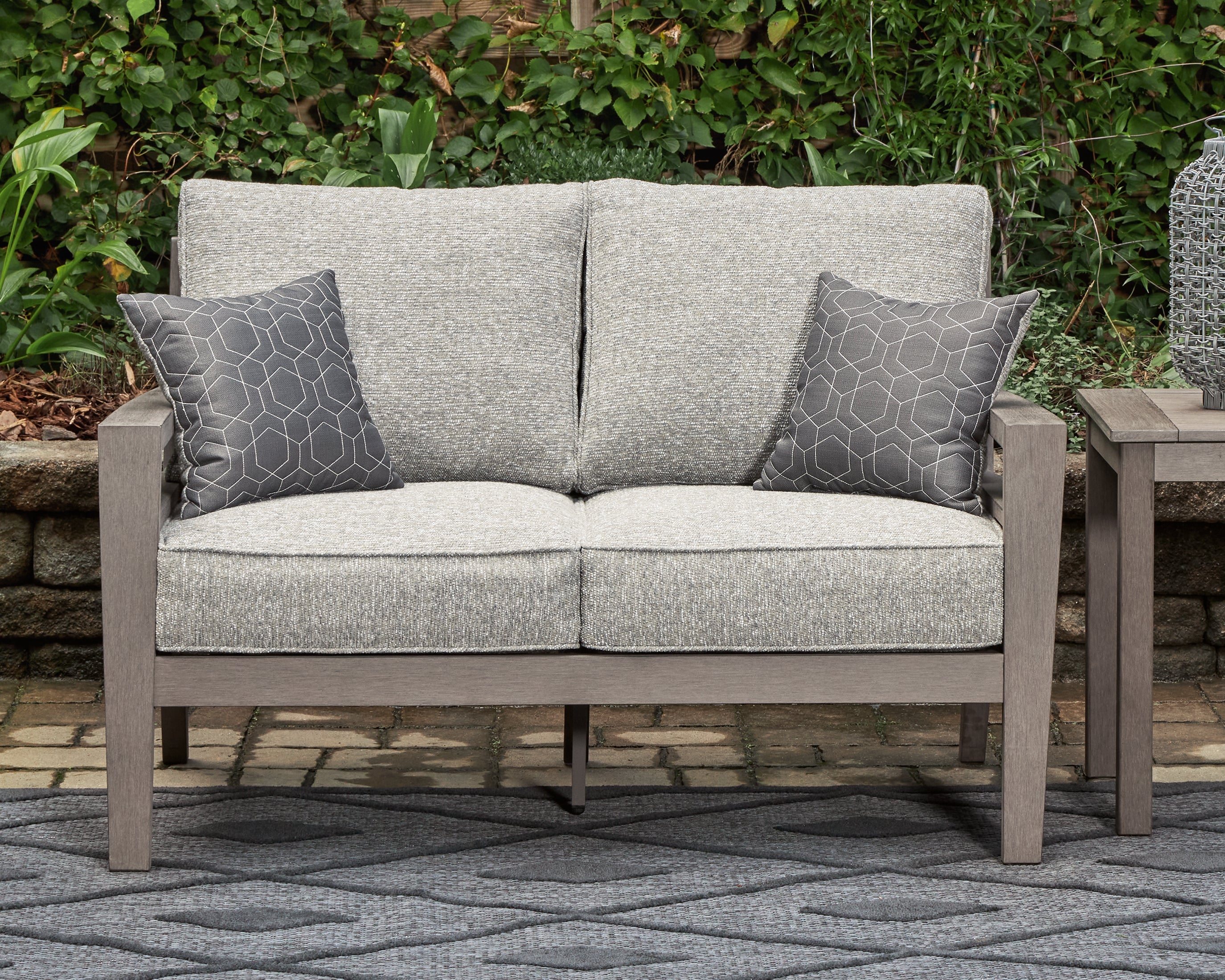Best Deals Furniture - Ashley Furniture - Hillside Barn Outdoor Loveseat with Cushion - Loveseat w/Cushion / Gray/Brown - P564-835