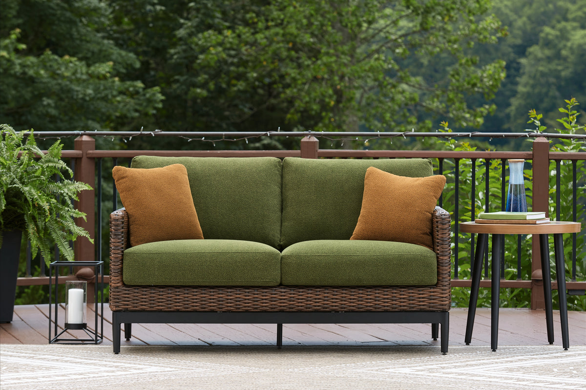 Best Deals Furniture - Ashley Furniture - Horizon Hall Outdoor Loveseat with Cushion - Loveseat w/Cushion / Brown/Green - P572-835
