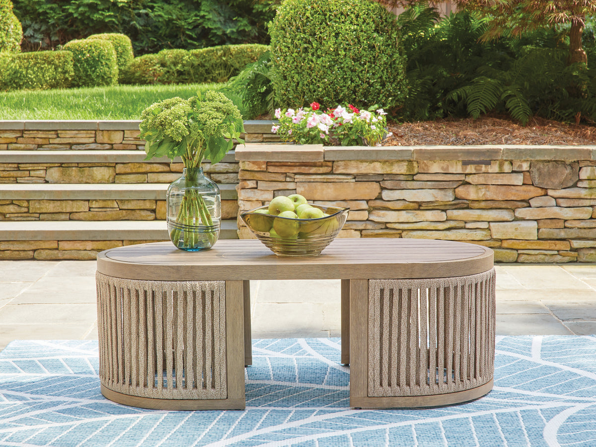 Best Deals Furniture - Ashley Furniture - Serena Shores Outdoor Coffee Table - Rectangular Cocktail Table / Beige - PCP604-701