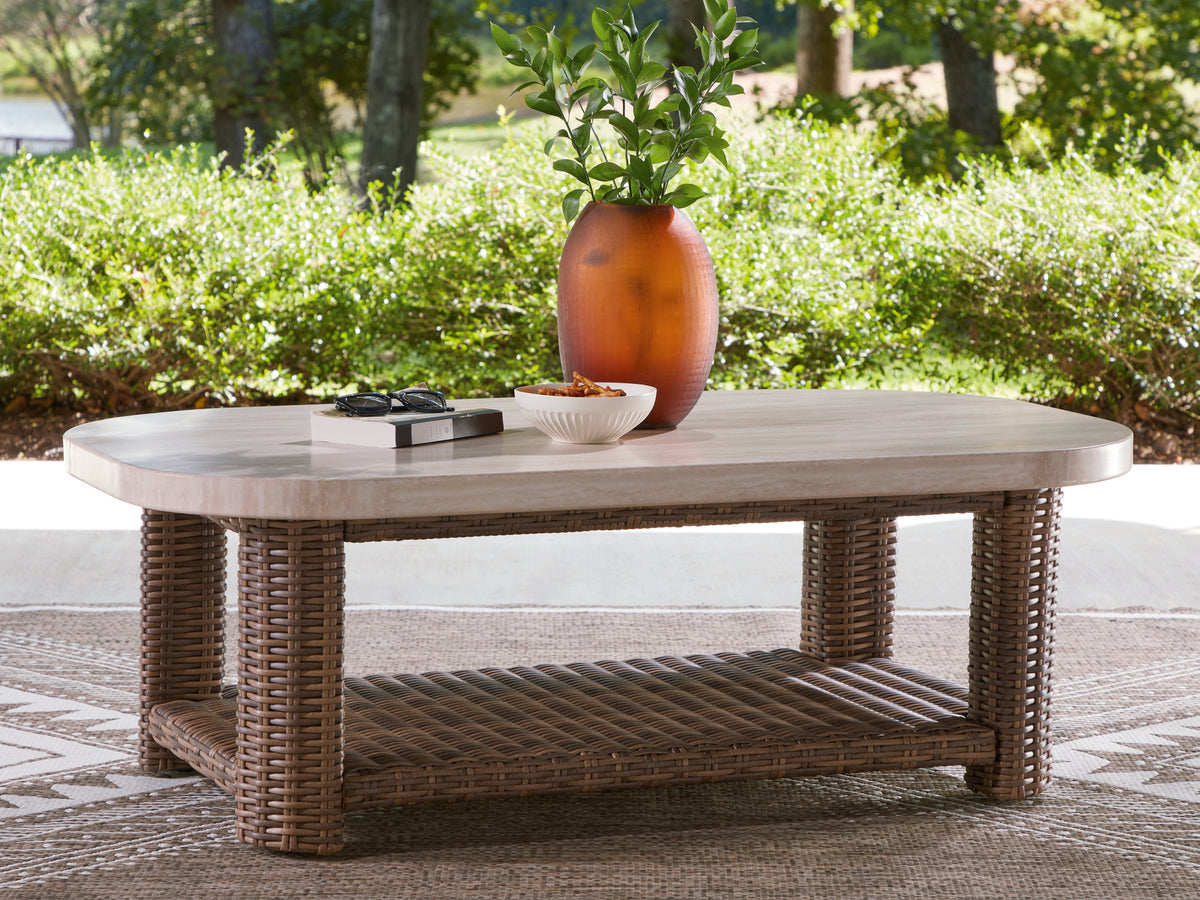 Best Deals Furniture - Ashley Furniture - Dolan Creek Outdoor Coffee Table - Rectangular Cocktail Table / Beige/Brown - PCP610-701