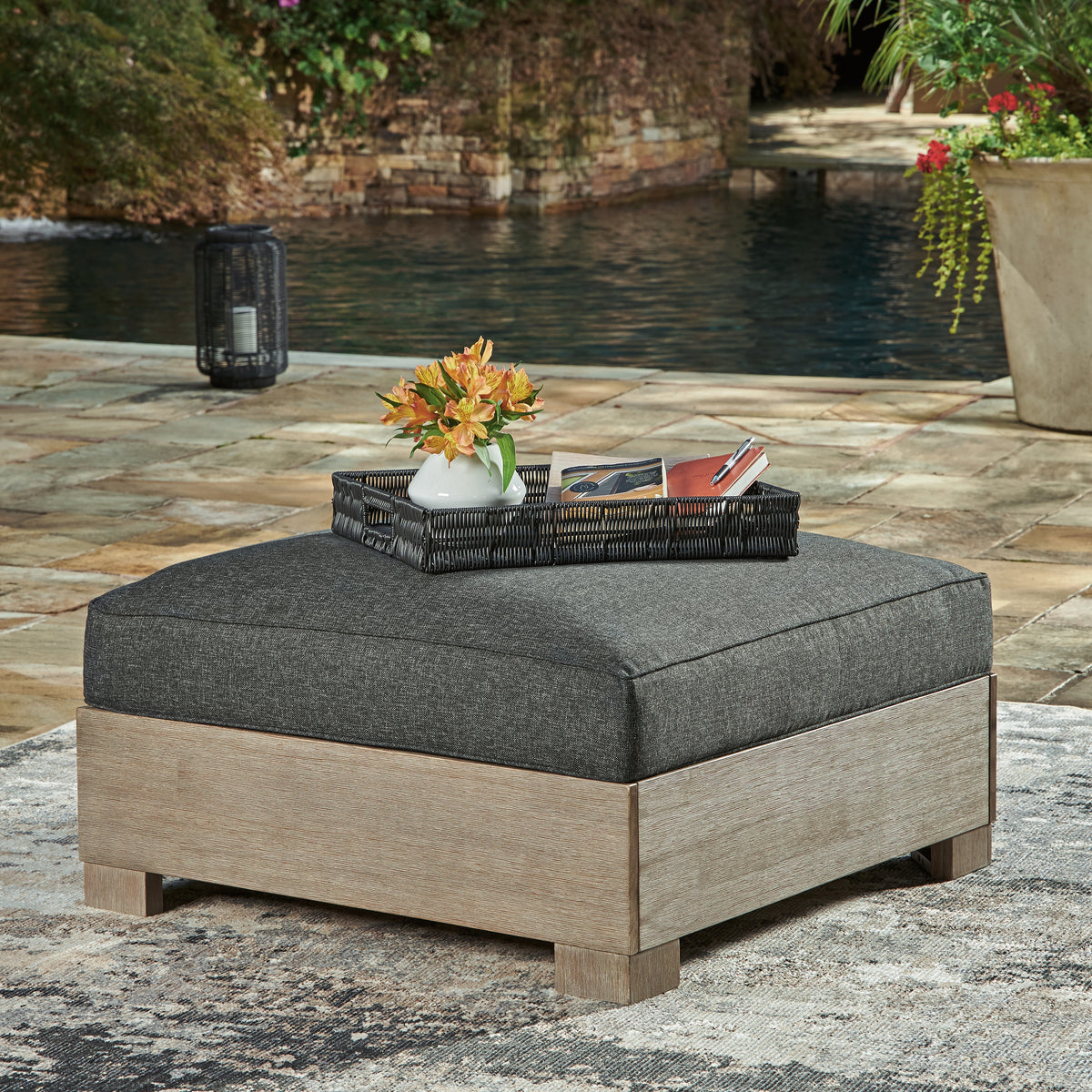 Best Deals Furniture - Ashley Furniture - Citrine Park Outdoor Ottoman with Cushion - Ottoman with Cushion / Brown/Charcoal - P660-814