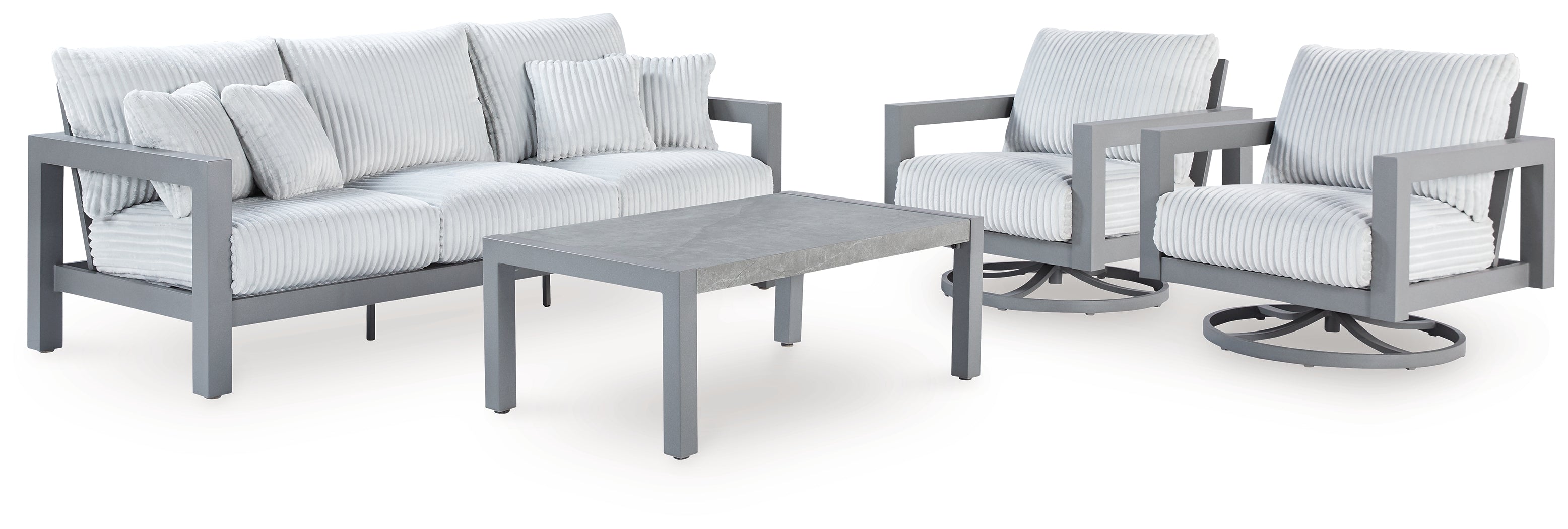 Best Deals Furniture - Ashley Furniture - Hurley Park Outdoor Sofa, 2 Lounge Chairs and Coffee Table - Outdoor Sofa, 2 Lounge Chairs and Coffee Table / Gray - PCP695P2