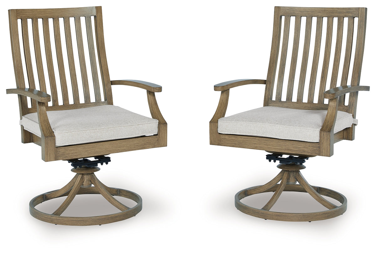 Best Deals Furniture - Ashley Furniture - Rainier Ranch Outdoor Swivel Chair with Cushion (Set of 2) - Swivel Chair w/Cushion (Set of 2) / Brown/Beige - P701-602A