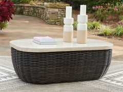 Best Deals Furniture - Ashley Furniture - Kimora Outdoor Coffee Table - Rectangular Cocktail Table / Beige/Dark Brown - P711-701