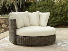 Best Deals Furniture - Ashley Furniture - Kimora Outdoor Swivel Lounge Chair with Cushion - Swivel Lounge Chair w/Cushion / Beige/Dark Brown - P711-810