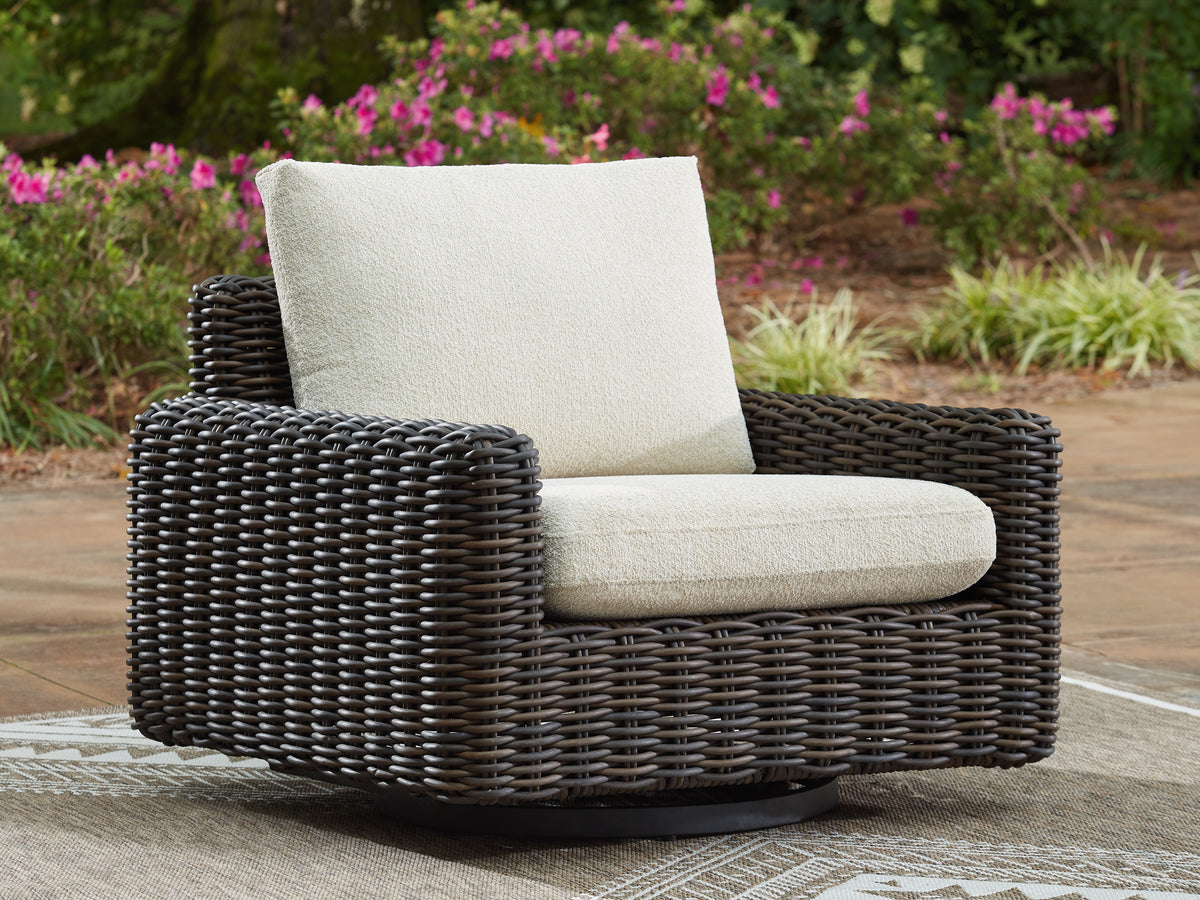 Best Deals Furniture - Ashley Furniture - Kimora Outdoor Swivel Lounge Chair - Swivel Glider Lounge w/Cushion / Beige/Dark Brown - P711-821