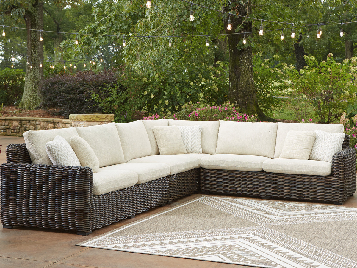 Best Deals Furniture - Ashley Furniture - Kimora 4-Piece Outdoor Sectional - 4-Piece Outdoor Sectional / Beige/Dark Brown - P711P2