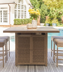 Best Deals Furniture - Ashley Furniture - Walton Bridge Outdoor Bar Table with Fire Pit - Square Bar Table w/Fire Pit / Driftwood - P749-665
